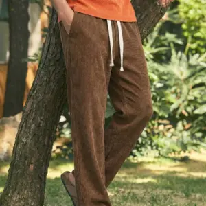 Men’s Casual Straight Leg Corduroy Pants with Letter Patch
