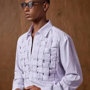 Men’s Loose Mauve Purple Striped Long Sleeve Shirt with Woven Details