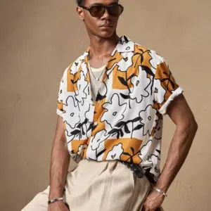 Men’s Loose White Floral Random Print Casual Batwing Short Sleeve Shirt