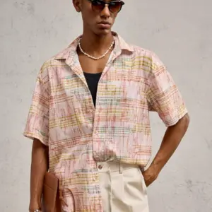 Men’s Pink Plaid All Over Print Casual Loose Woven Short Sleeve Shirt