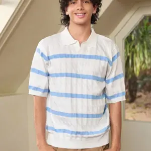 Men’s Striped Short Sleeve Cable Knit Polo Sweater