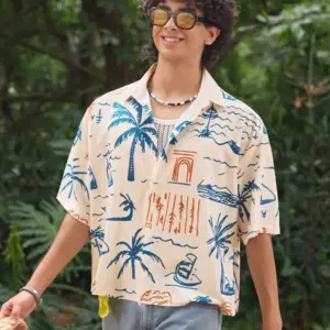 Men’s Tropical Sketch Print Short Sleeve Casual Shirt